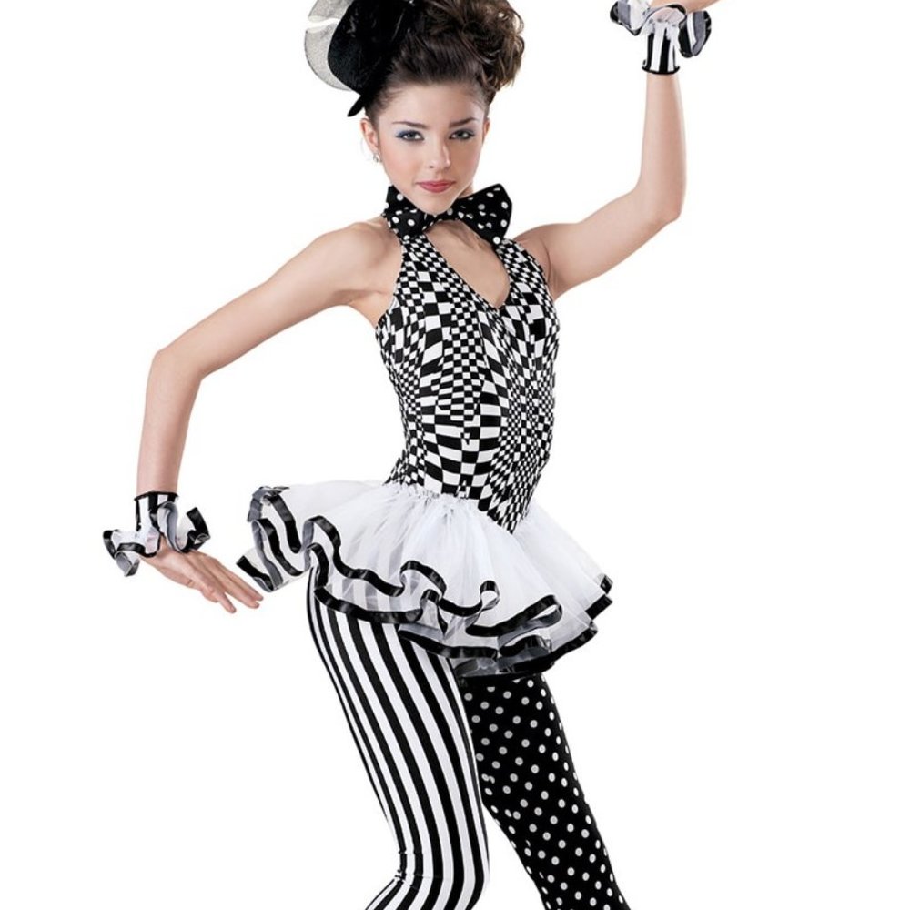Weissman Child Medium Harlequin Clown Jester Black White Unitard Wristlets Hat